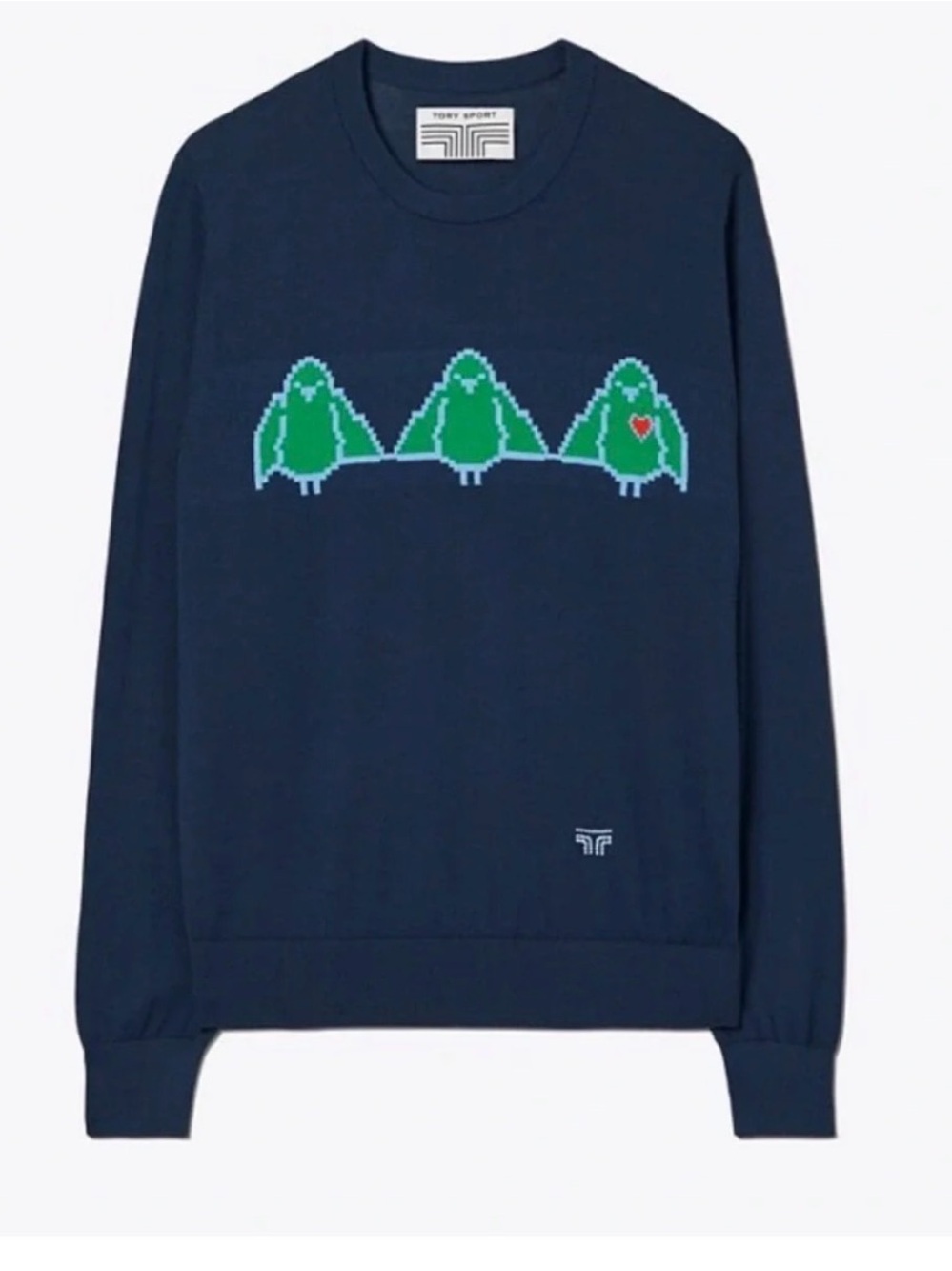 Tory Burch Sport Navy Crewneck Sweater with Green Bird Trio